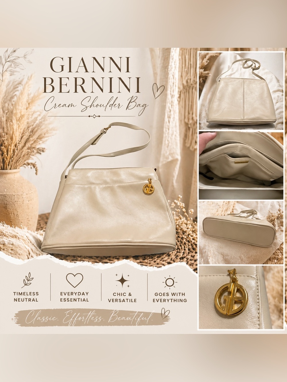 Giani Bernini Cream Faux Leather Crossbody Shoulder Bag Gold Logo Charm